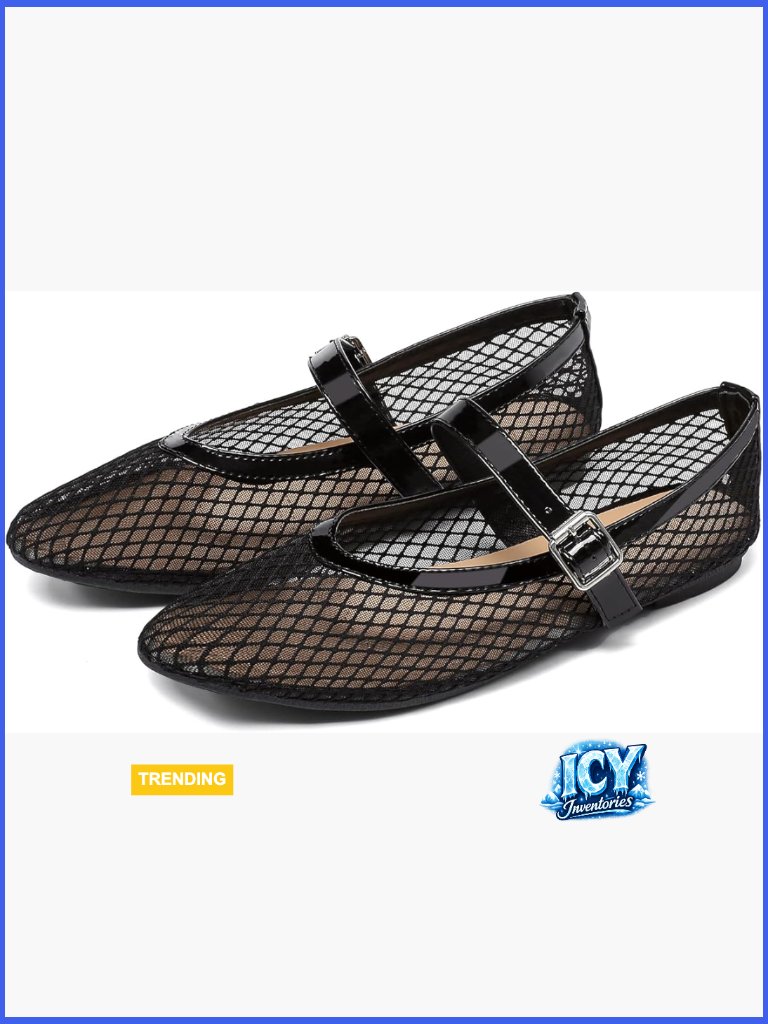 Mesh And Patent Leather Ballet Flats With Buckle Strap